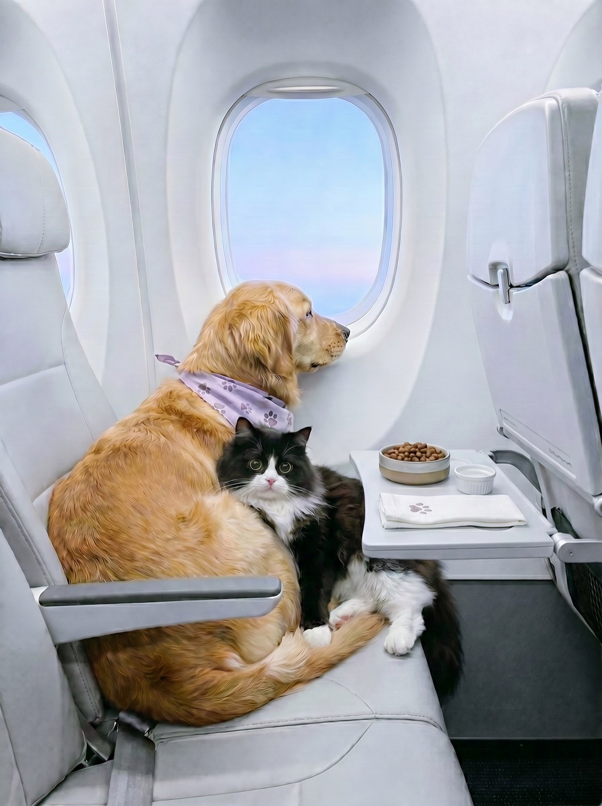 Illustration of a dog and cat beside an aircraft window