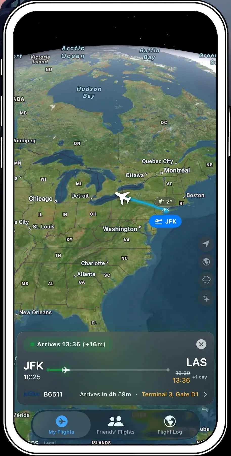 Ruta de vuelo, hora de llegada, terminal y puerta en True Skies