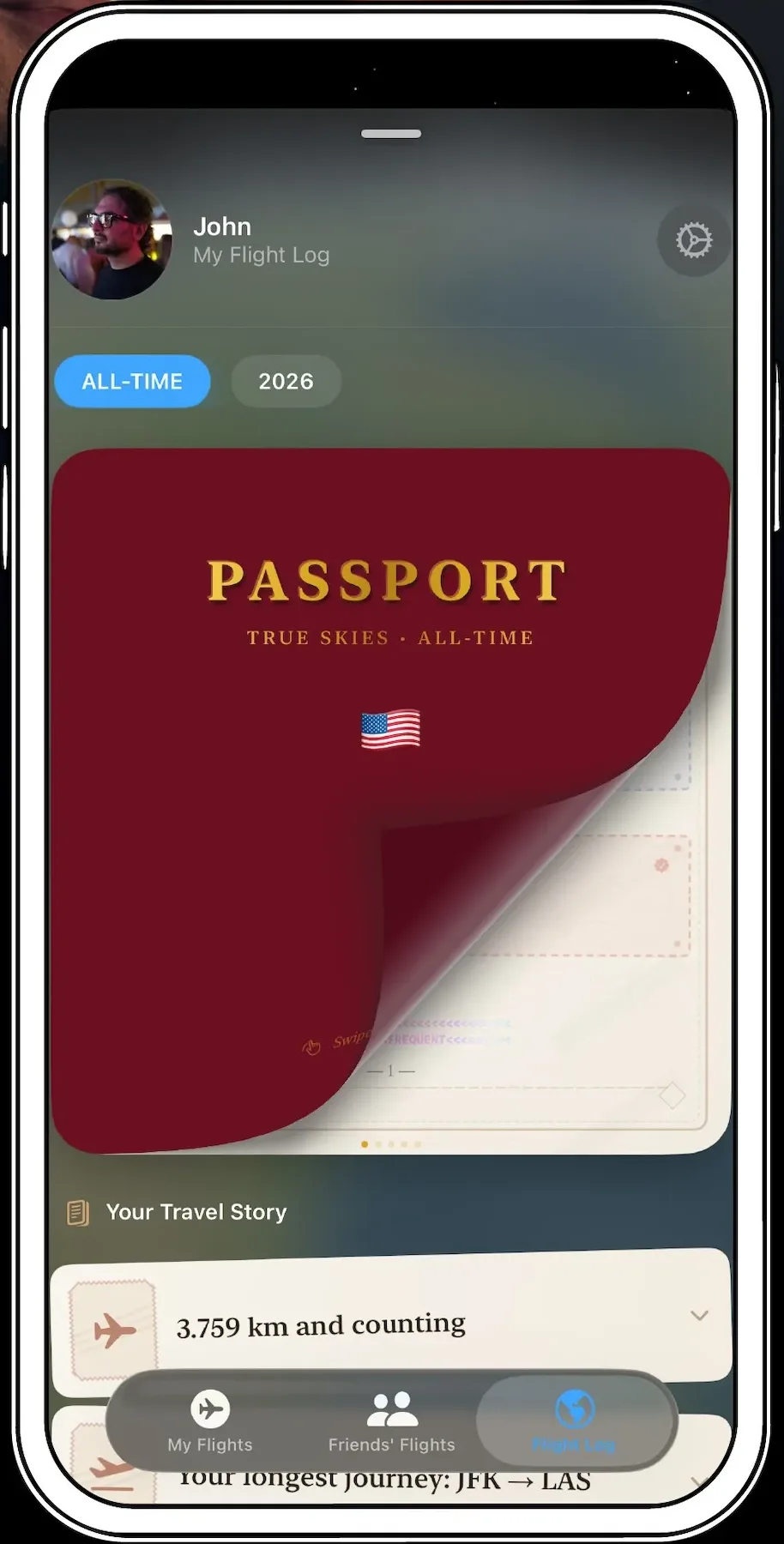 True Skies personal travel passport and Flight Log